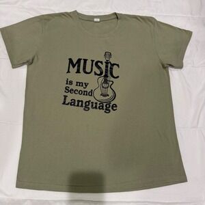 Music Is My Second Language Graphic T-Shirt Olive Green Cotton XL Short Sleeve